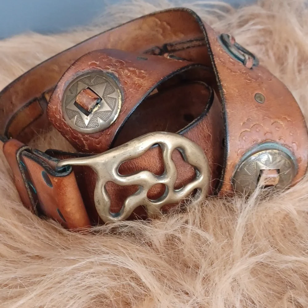 Vintage Chunky Distresed Brown Leather Belt with Brass Accents